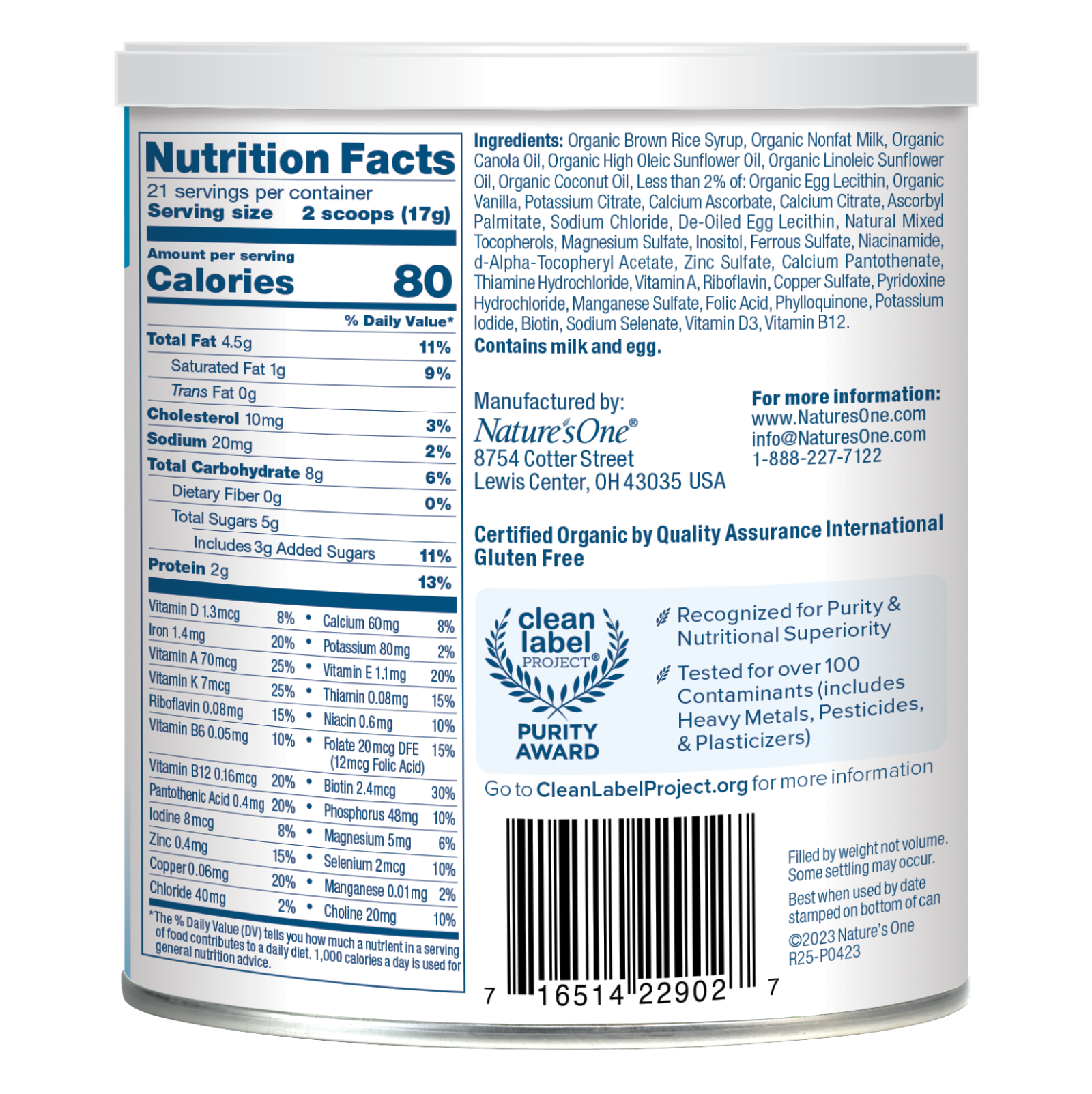 Organic Dairy DHA/ARA Toddler Formula Nutrition Facts