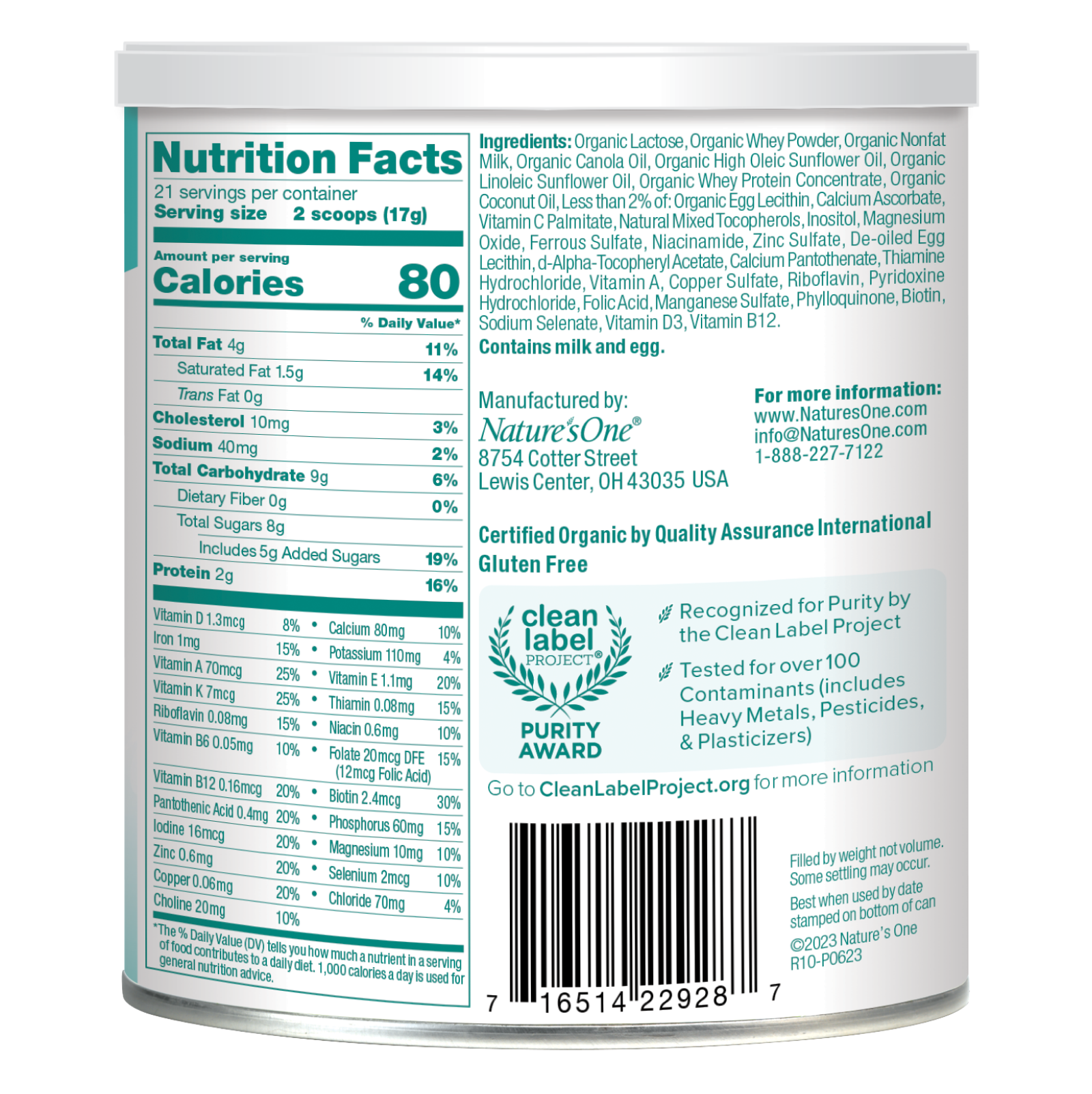 Organic Gentle Dairy DHA/ARA Toddler Formula Nutrition Facts